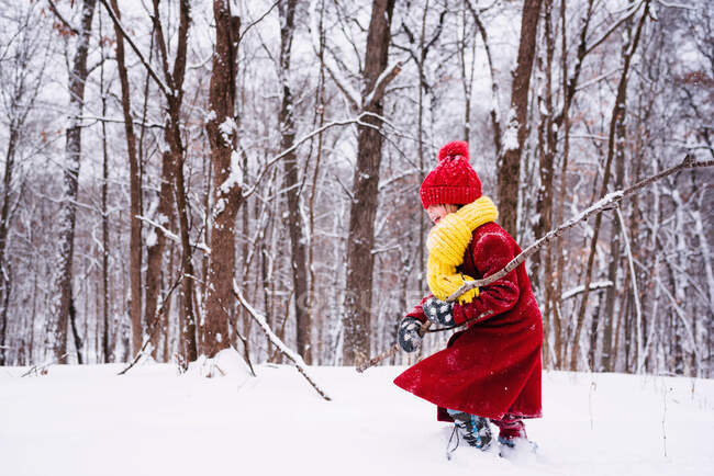 Chica jugando en el bosque en la nieve en el bosque de invierno - foto de stock