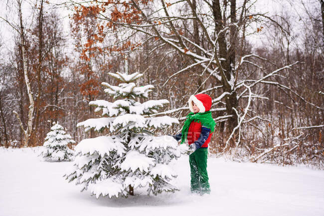 Chica de pie junto al árbol de Navidad en el jardín - foto de stock
