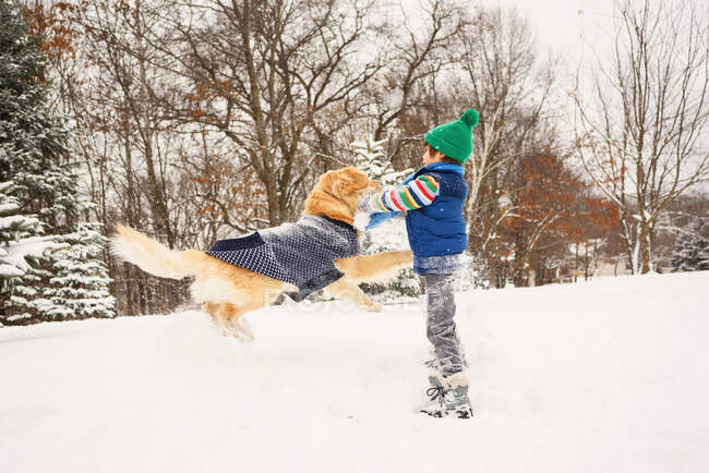 Boy playing in the snow with golden retriever dog — Stock Photo