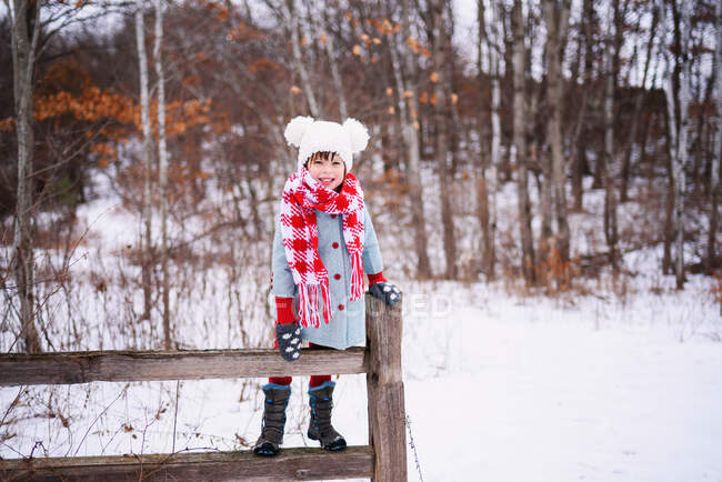 Дівчина стоїть на паркані в снігу — стокове фото