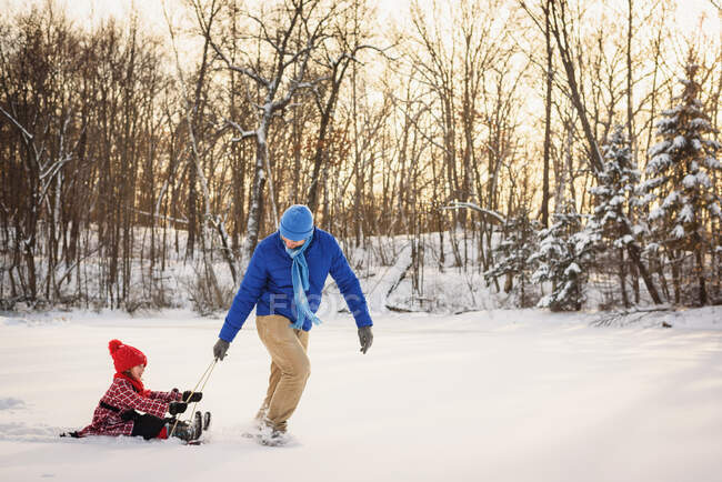 Отец тащит дочь на санях в снегу — стоковое фото