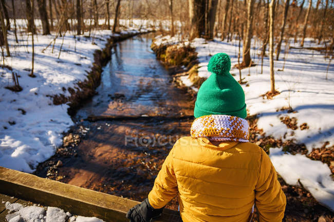 Menino em pé na ponte sobre um riacho — Fotografia de Stock