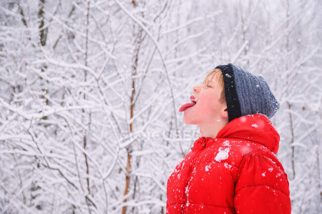 Ragazzo cattura fiocchi di neve in bocca — Foto stock