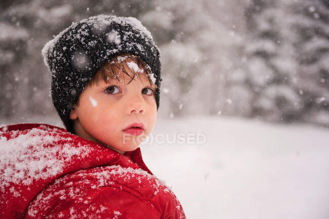 Портрет мальчика в снегу крупным планом — стоковое фото