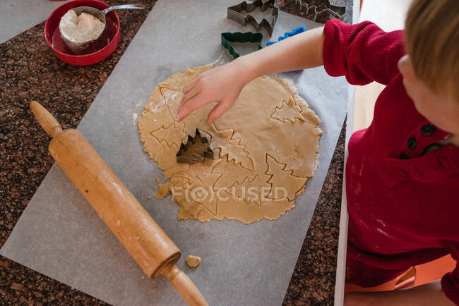 Tiro cortado de menino fazendo biscoitos de Natal — Fotografia de Stock