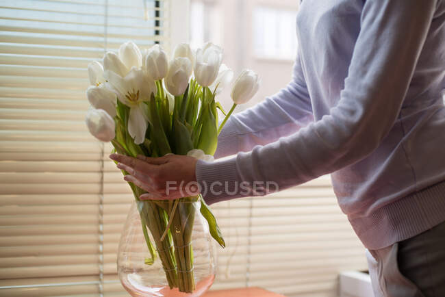 Mujer arreglando tulipanes en jarrón, vista cercana - foto de stock