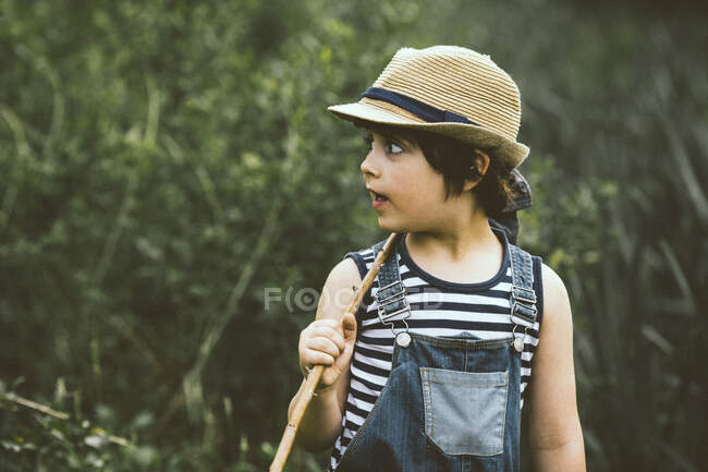 Retrato de cerca de Boy caminando por el campo llevando un palo - foto de stock