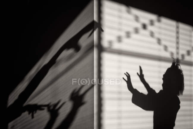 Silhouette di una ragazza spaventata con mostri ombra — Foto stock