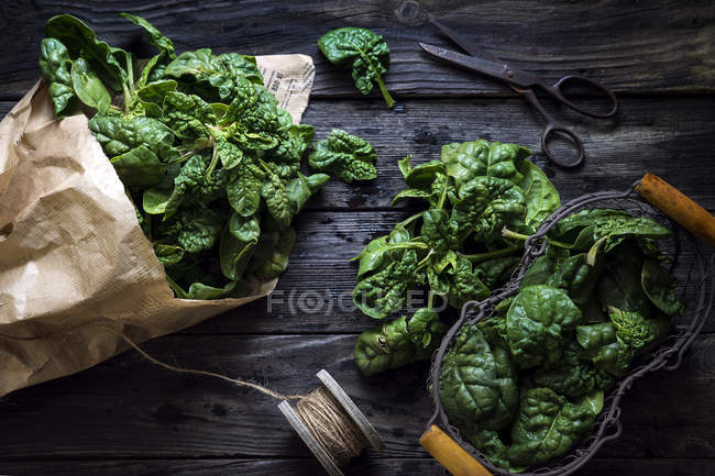 Fresh spinach wrapped in paper over black table — Stock Photo