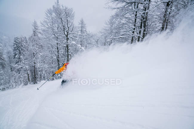Esquí de hombre en nieve profunda en polvo, Gosau, Gmunden, Austria - foto de stock