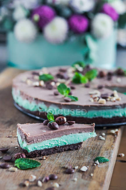 Closeup view of tasty chocolate mint cheesecake — Stock Photo