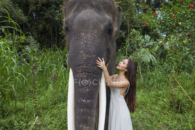 Donna con un elefante, Tegallalang, Bali, Indonesia — Foto stock