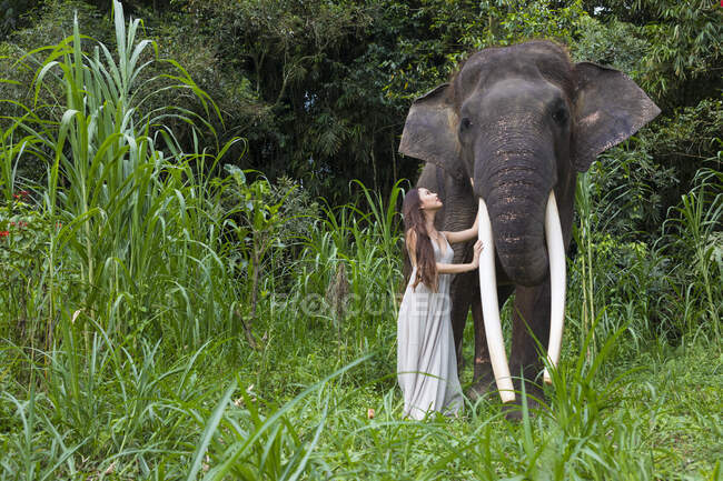 Mulher com um elefante, Tegallalang, Bali, Indonésia — Fotografia de Stock