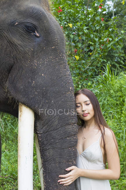 Woman leaning against elephant with her eyes closed, Tegallalang, Bali, Indonesia — Stock Photo