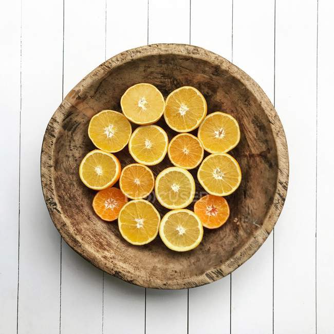 Top view, Bowl of halved oranges — Stock Photo