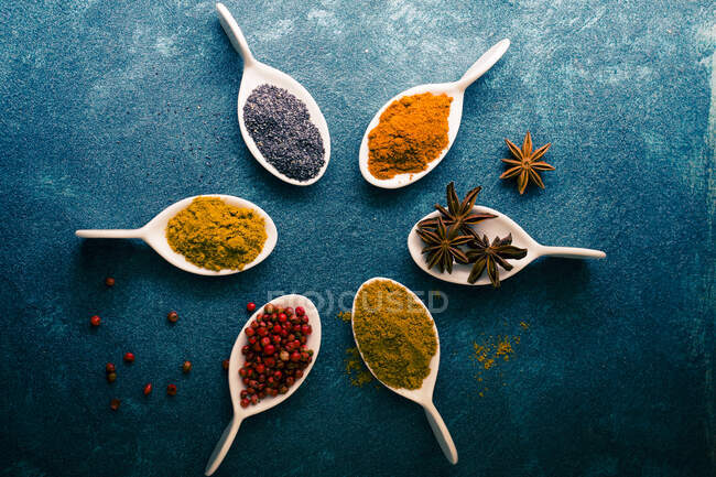 Spoons filled with spices — Stock Photo