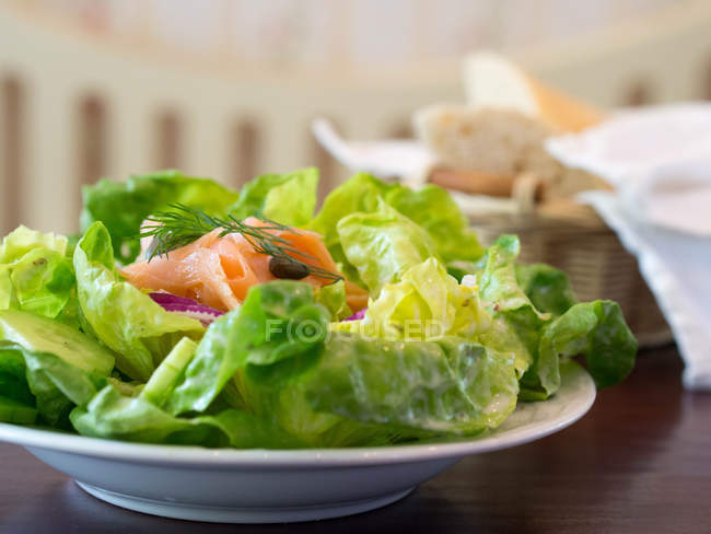 Вид крупным планом на зеленый салат с копченым лососем — стоковое фото