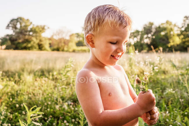 Garçon debout dans un champ de trèfle tenant des fleurs — Photo de stock
