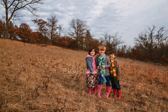 Retrato de tres niños de pie en el paisaje rural - foto de stock