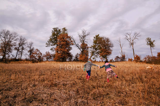 Niño y niña tomados de la mano corriendo en el paisaje rural - foto de stock