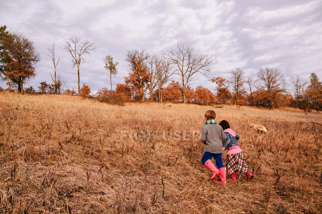 Two children running up a hill holding hands — Stock Photo