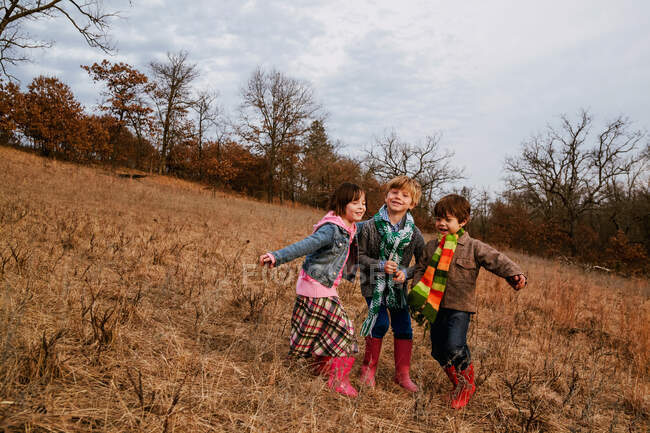 Portrait of three children standing in rural landscape — Stock Photo