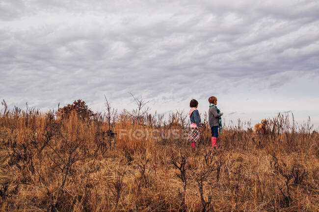 Deux enfants debout dans un champ — Photo de stock