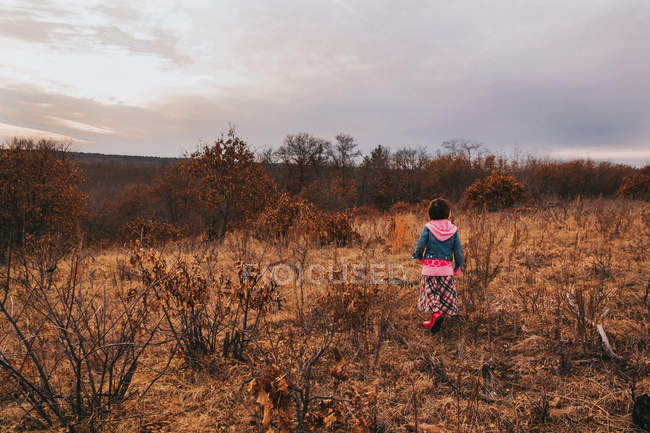 Chica caminando por el paisaje rural - foto de stock