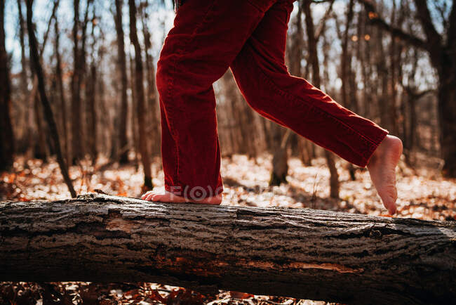 Junge läuft barfuß über Baumstamm — Stockfoto