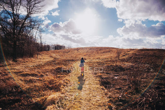 Menina correndo uma colina na natureza — Fotografia de Stock