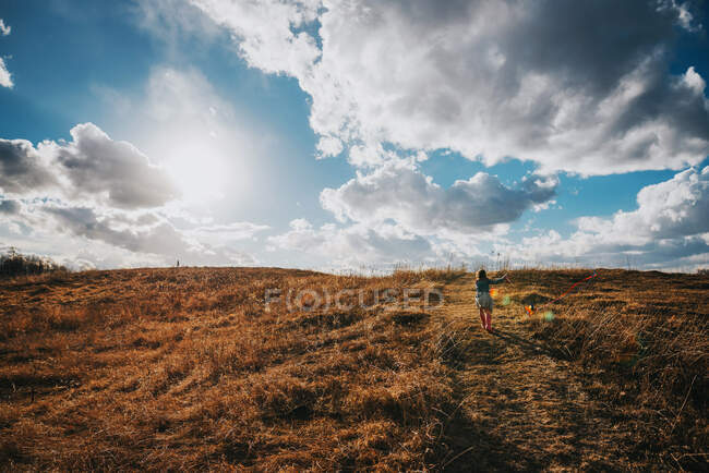 Ragazza che corre su una collina con un aquilone sulla natura — Foto stock