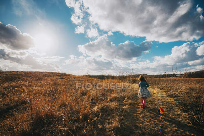 Chica corriendo por una colina con una cometa en la naturaleza - foto de stock