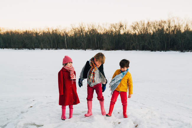 Tres niños de pie en la nieve - foto de stock