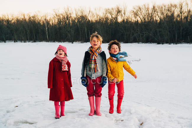 Трое детей стоят в снегу — стоковое фото