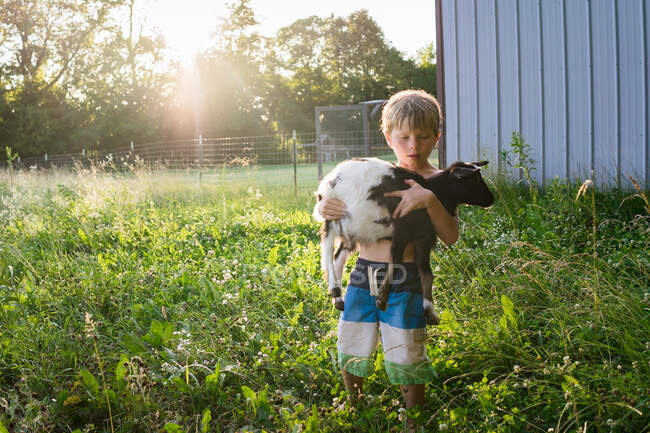 Menino carregando cabra adorável na natureza — Fotografia de Stock