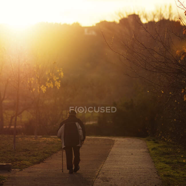 Senior man walking down footpath at sunset — Stock Photo
