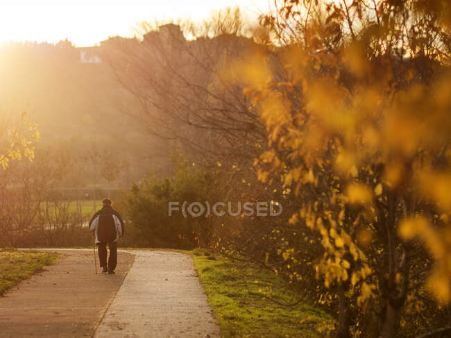 Senior man walking down road at sunset — Foto stock