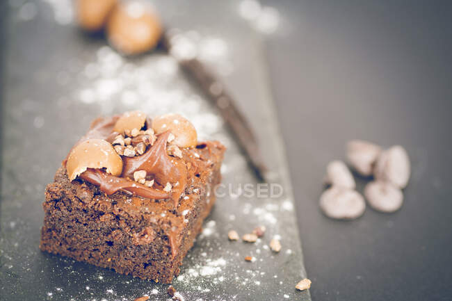 Close-up de um brownie de chocolate coberto com avelãs e caramelo — Fotografia de Stock