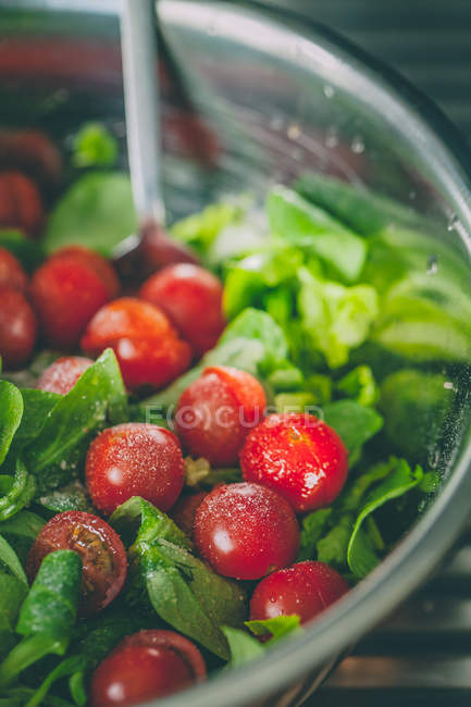 Зелений салат з вишневими помідорами, вид крупним планом — стокове фото