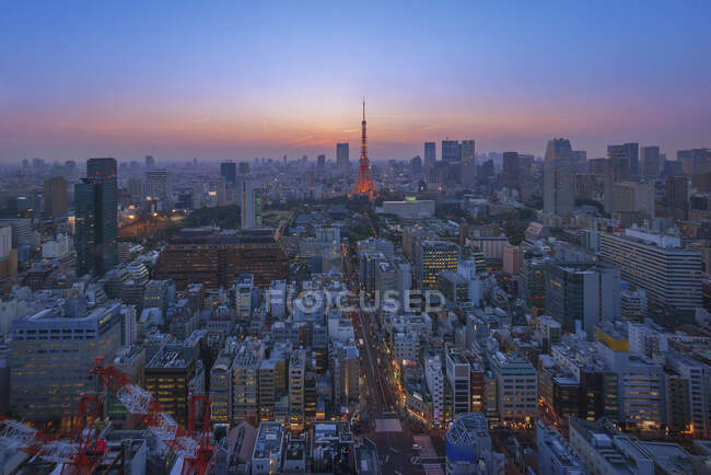 Skyline della città con Tokyo Tower al tramonto, Tokyo, Giappone — Foto stock