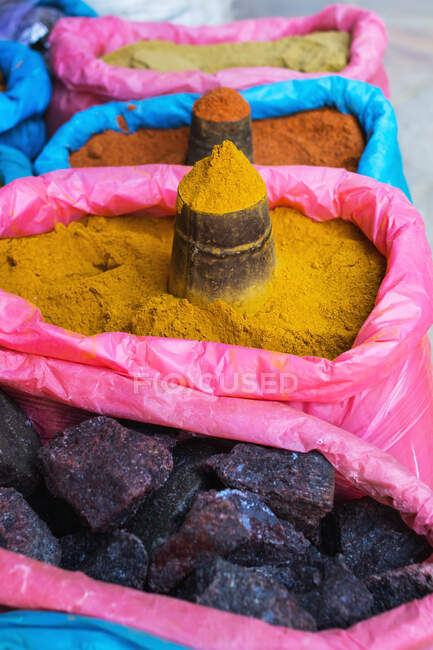 Bags of spices at market, India — Stock Photo