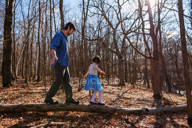 Батько з дочкою ходять по стовбурі дерева в лісі. — стокове фото