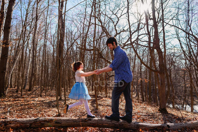 Padre e hija tomados de la mano de pie sobre un tronco de árbol en el bosque - foto de stock