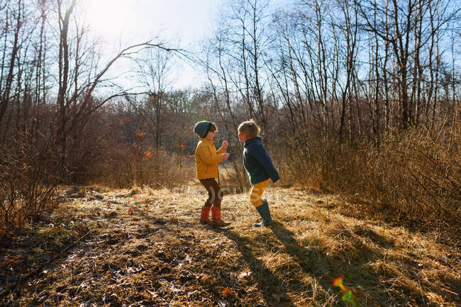 Dois meninos brincando na floresta — Fotografia de Stock