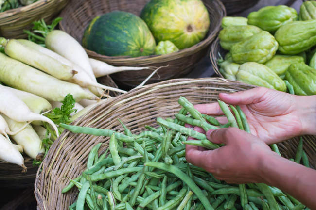 Man hands holding green beans in a market — Stock Photo