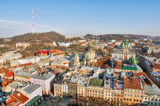 Aerial view of lviv cityscape, ukraine — Stock Photo