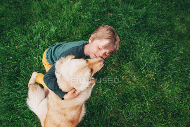 Overhead view of a boy playing with his golden retriever dog — Stock Photo