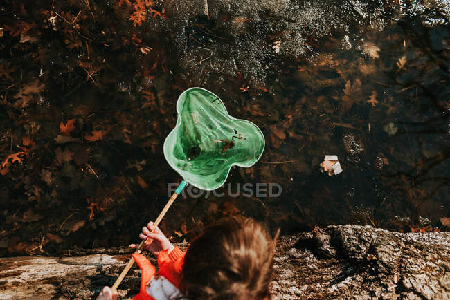 Menina por uma lagoa coletando insetos da água — Fotografia de Stock