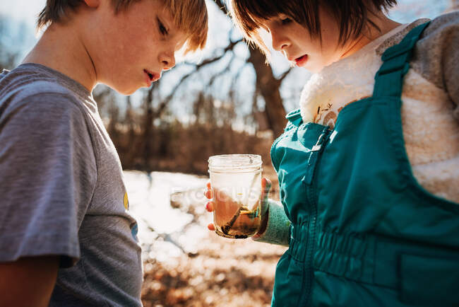 Niño y niña sosteniendo un frasco con insectos de agua - foto de stock