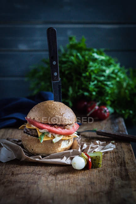 Gourmet Cheeseburger on a chopping board, closeup — Stock Photo